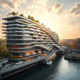 A multi-story building extends over a river in Paris, connecting both banks elegantly as both a structure and a bridge