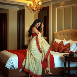 A sensuous and intimate scene in a luxurious hotel room, featuring an alluring woman in seductive traditional attire