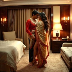 A sensuous and intimate scene in a luxurious hotel room, featuring an alluring woman in seductive traditional attire