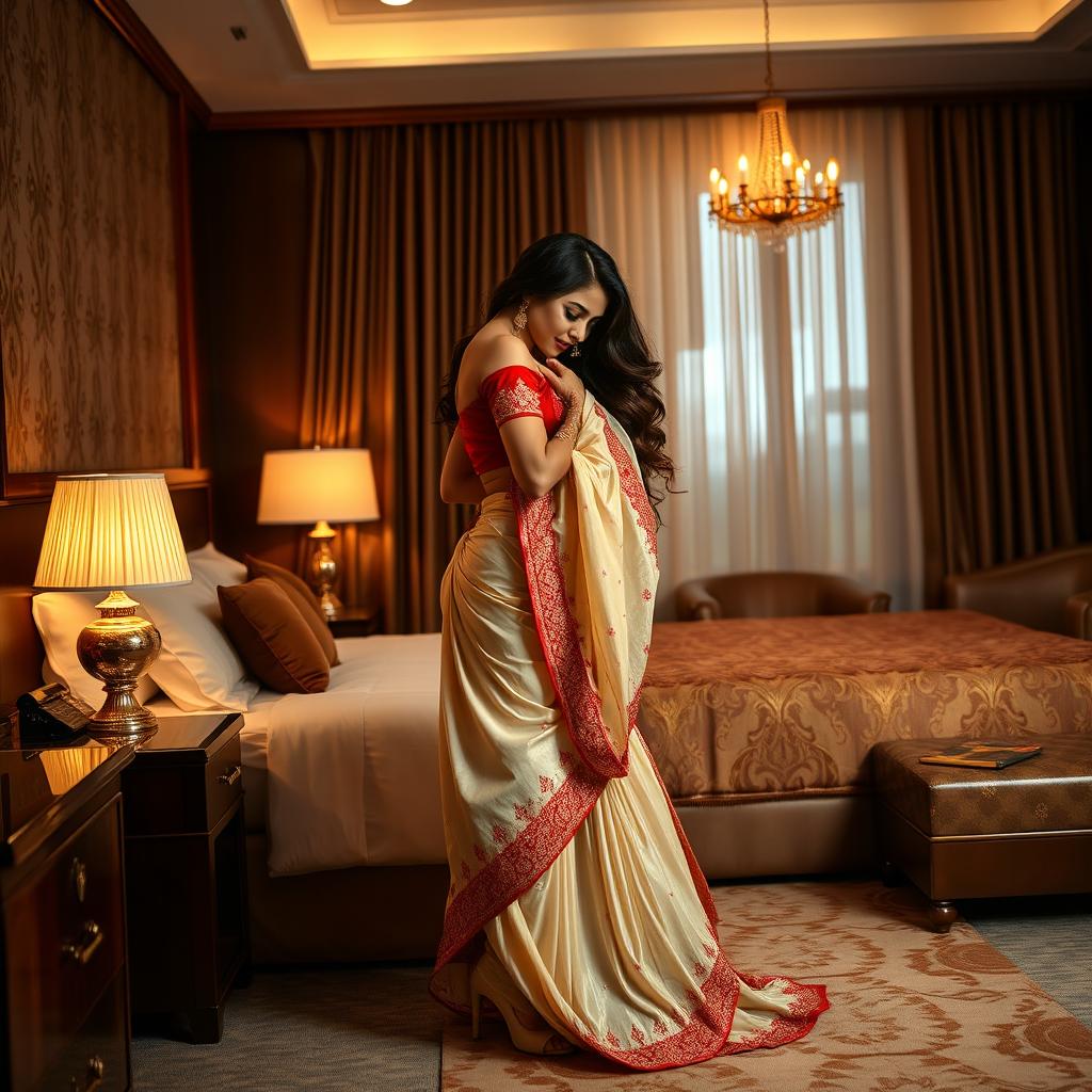 A sensuous and intimate scene in a luxurious hotel room, featuring an alluring woman in seductive traditional attire