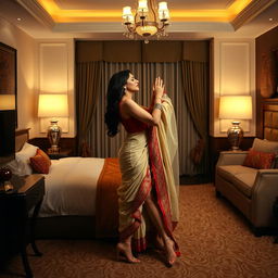 A sensuous and intimate scene in a luxurious hotel room, featuring an alluring woman in seductive traditional attire