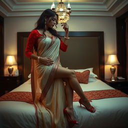 A sensuous and intimate scene in a luxurious hotel room, featuring an alluring woman in seductive traditional attire