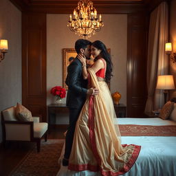 A sensuous and intimate scene in a luxurious hotel room, featuring an alluring woman in seductive traditional attire