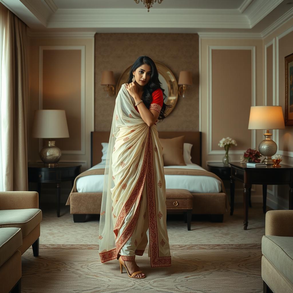 An intimate and enticing scene within a beautifully designed hotel room, with a captivating woman dressed in a traditional cream and red mekhela chadar, complemented by a red blouse and high heels