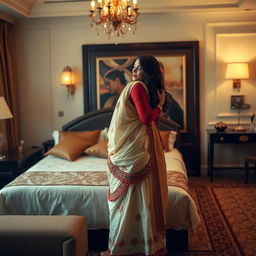 An intimate and enticing scene within a beautifully designed hotel room, with a captivating woman dressed in a traditional cream and red mekhela chadar, complemented by a red blouse and high heels