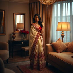 An intimate and enticing scene within a beautifully designed hotel room, with a captivating woman dressed in a traditional cream and red mekhela chadar, complemented by a red blouse and high heels