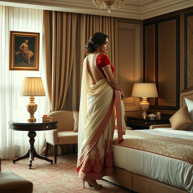 An intimate and enticing scene within a beautifully designed hotel room, with a captivating woman dressed in a traditional cream and red mekhela chadar, complemented by a red blouse and high heels