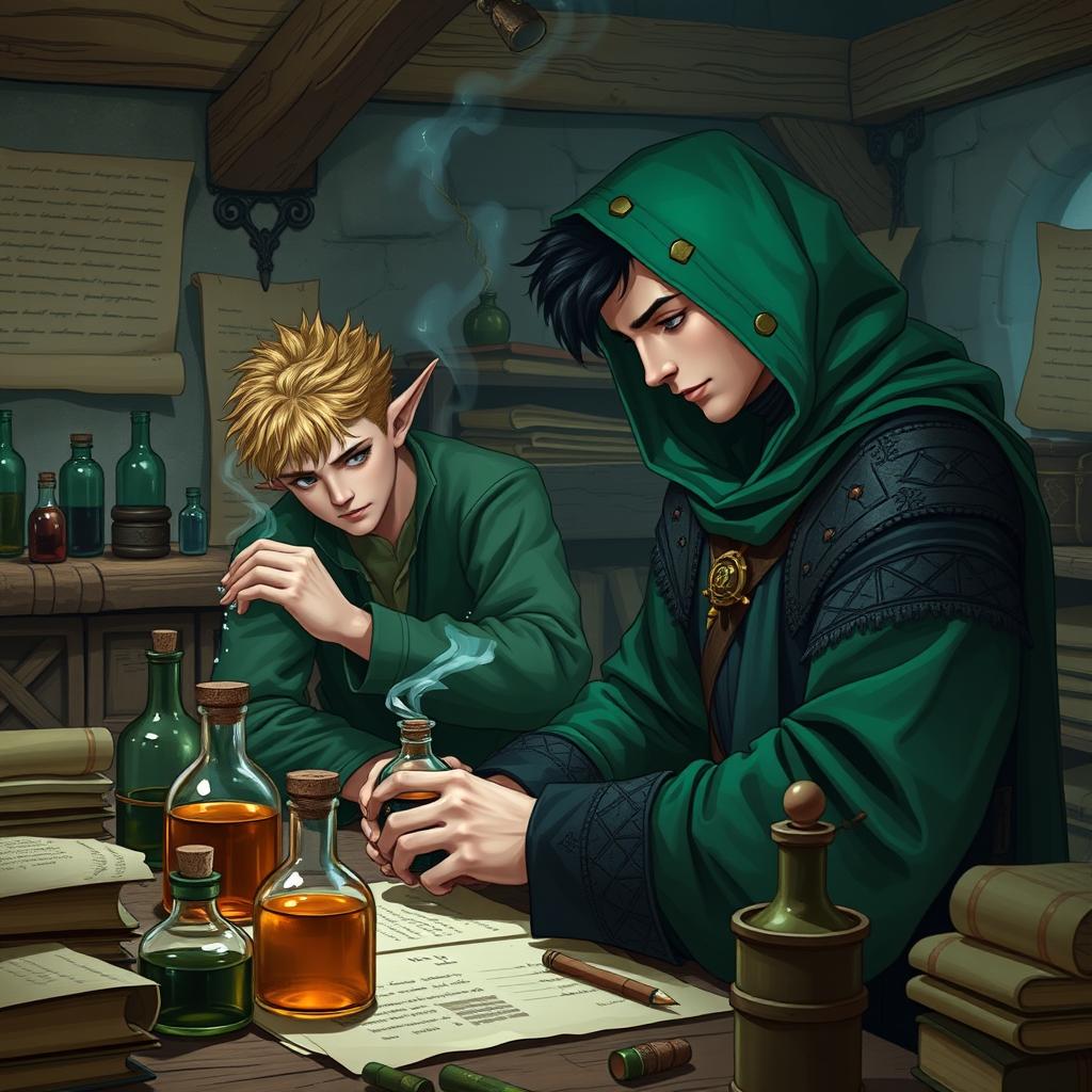 A young adult mage with black hair wearing a green hood meticulously crafting potions in a medieval alchemy room