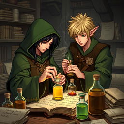 A young adult mage with black hair wearing a green hood meticulously crafting potions in a medieval alchemy room