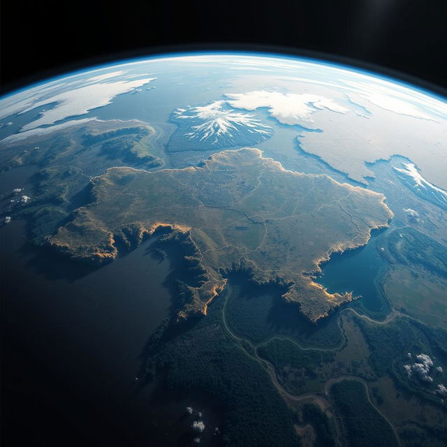 A realistic photo of Ukraine from space, capturing the country's diverse landscape, including its sprawling cities, dense forests, and the outline of its borders