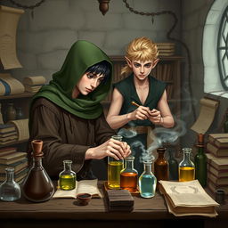 A young adult mage with black hair wearing a green hood meticulously crafting potions in a medieval alchemy room