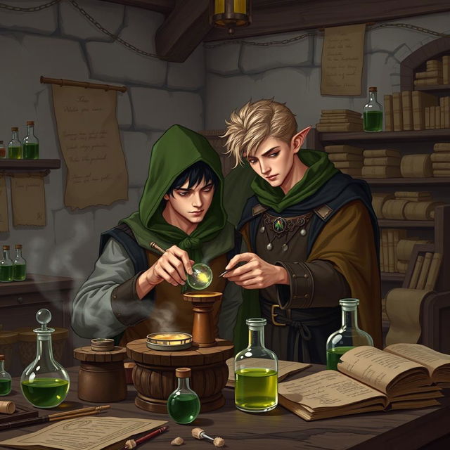 A young adult mage with black hair wearing a green hood meticulously crafting potions in a medieval alchemy room