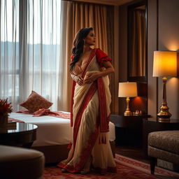 A sensuous and intimate scene in a luxurious Oyo hotel room, showcasing an alluring woman with a voluptuous figure dressed in a captivating cream and red mekhela chadar, complemented by a vibrant red blouse and stylish high heels