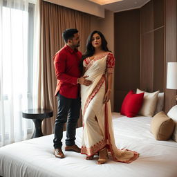 A sensuous and intimate scene in a luxurious Oyo hotel room, showcasing an alluring woman with a voluptuous figure dressed in a captivating cream and red mekhela chadar, complemented by a vibrant red blouse and stylish high heels