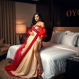 A sensuous and intimate scene in a luxurious Oyo hotel room, showcasing an alluring woman with a voluptuous figure dressed in a captivating cream and red mekhela chadar, complemented by a vibrant red blouse and stylish high heels