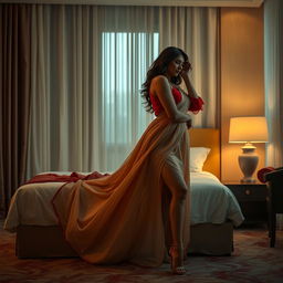 A sensuous and intimate scene in a luxurious Oyo hotel room, showcasing an alluring woman with a voluptuous figure dressed in a captivating cream and red mekhela chadar, complemented by a vibrant red blouse and stylish high heels