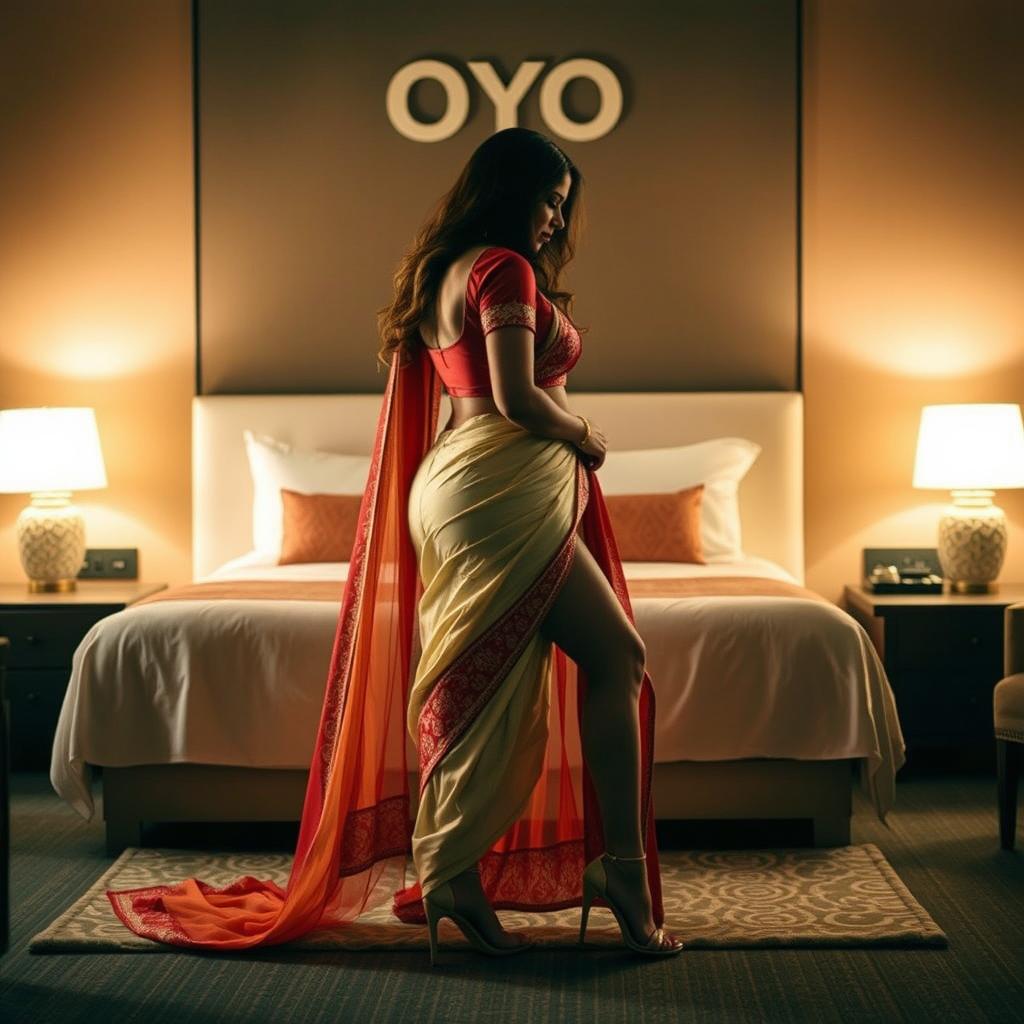 A sensuous and intimate moment in a stylish Oyo hotel room, showcasing an attractive woman with a voluptuous figure, adorned in a cream and red mekhela chadar with a matching red blouse and high heels