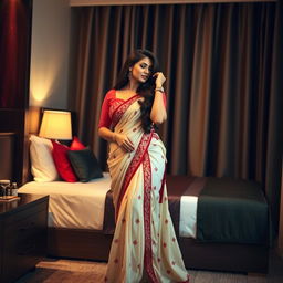 A sensuous and intimate moment in a stylish Oyo hotel room, showcasing an attractive woman with a voluptuous figure, adorned in a cream and red mekhela chadar with a matching red blouse and high heels