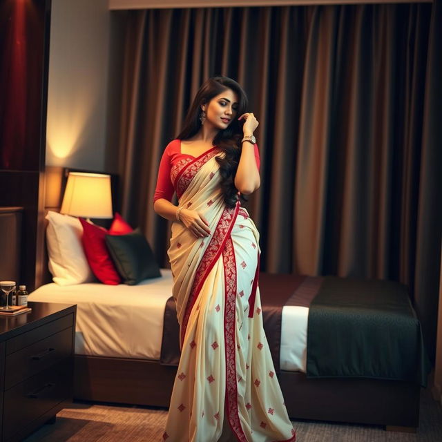 A sensuous and intimate moment in a stylish Oyo hotel room, showcasing an attractive woman with a voluptuous figure, adorned in a cream and red mekhela chadar with a matching red blouse and high heels