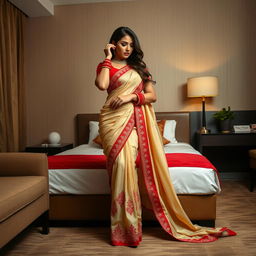 A sensuous and intimate moment in a stylish Oyo hotel room, showcasing an attractive woman with a voluptuous figure, adorned in a cream and red mekhela chadar with a matching red blouse and high heels