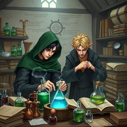 A young adult mage with black hair wearing a green hood meticulously crafting potions in a medieval alchemy room