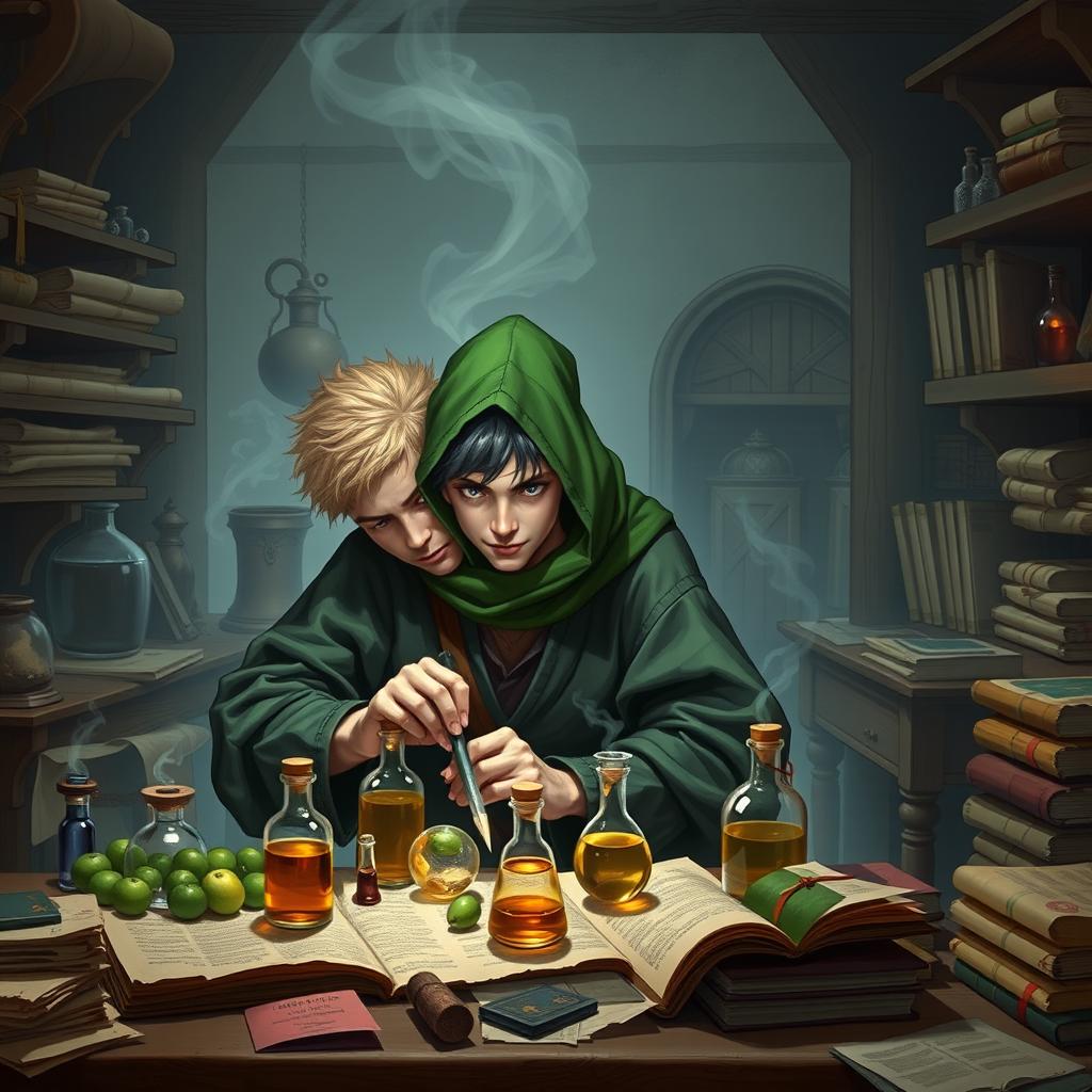 A young adult mage with black hair wearing a green hood meticulously crafting potions in a medieval alchemy room