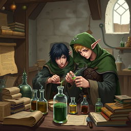 A young adult mage with black hair wearing a green hood meticulously crafting potions in a medieval alchemy room