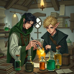 A young adult mage with black hair wearing a green hood meticulously crafting potions in a medieval alchemy room