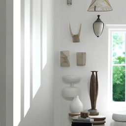 A modern room fully painted in white, accented with a variety of decorative items providing a visually striking contrast.