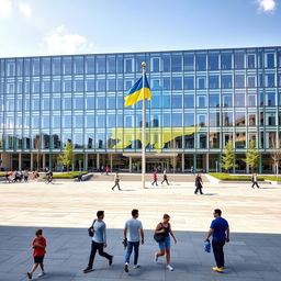 A modern office building with a facade designed in the style of a map of Ukraine