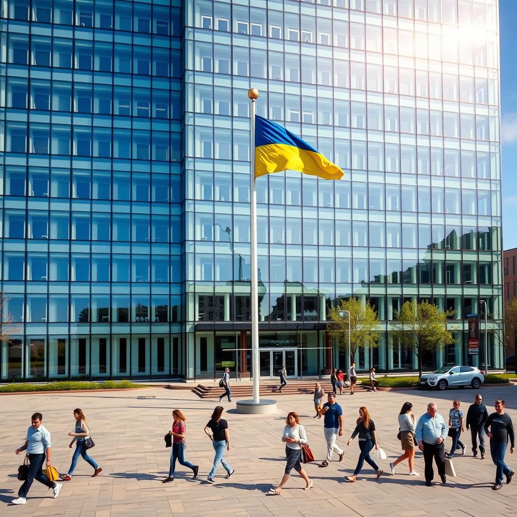 A modern office building with a facade designed in the style of a map of Ukraine