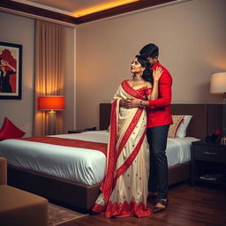 A tantalizing and intimate scene in a stylish Oyo hotel room, featuring an attractive woman with a voluptuous figure clad in a cream and red mekhela chadar along with a matching red blouse and elegant high heels