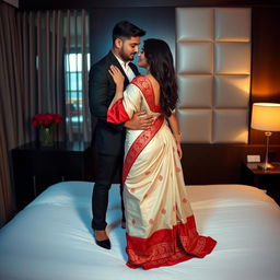 A tantalizing and intimate scene in a stylish Oyo hotel room, featuring an attractive woman with a voluptuous figure clad in a cream and red mekhela chadar along with a matching red blouse and elegant high heels