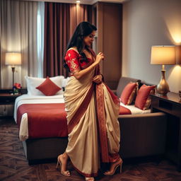 A tantalizing and intimate scene in a stylish Oyo hotel room, featuring an attractive woman with a voluptuous figure clad in a cream and red mekhela chadar along with a matching red blouse and elegant high heels