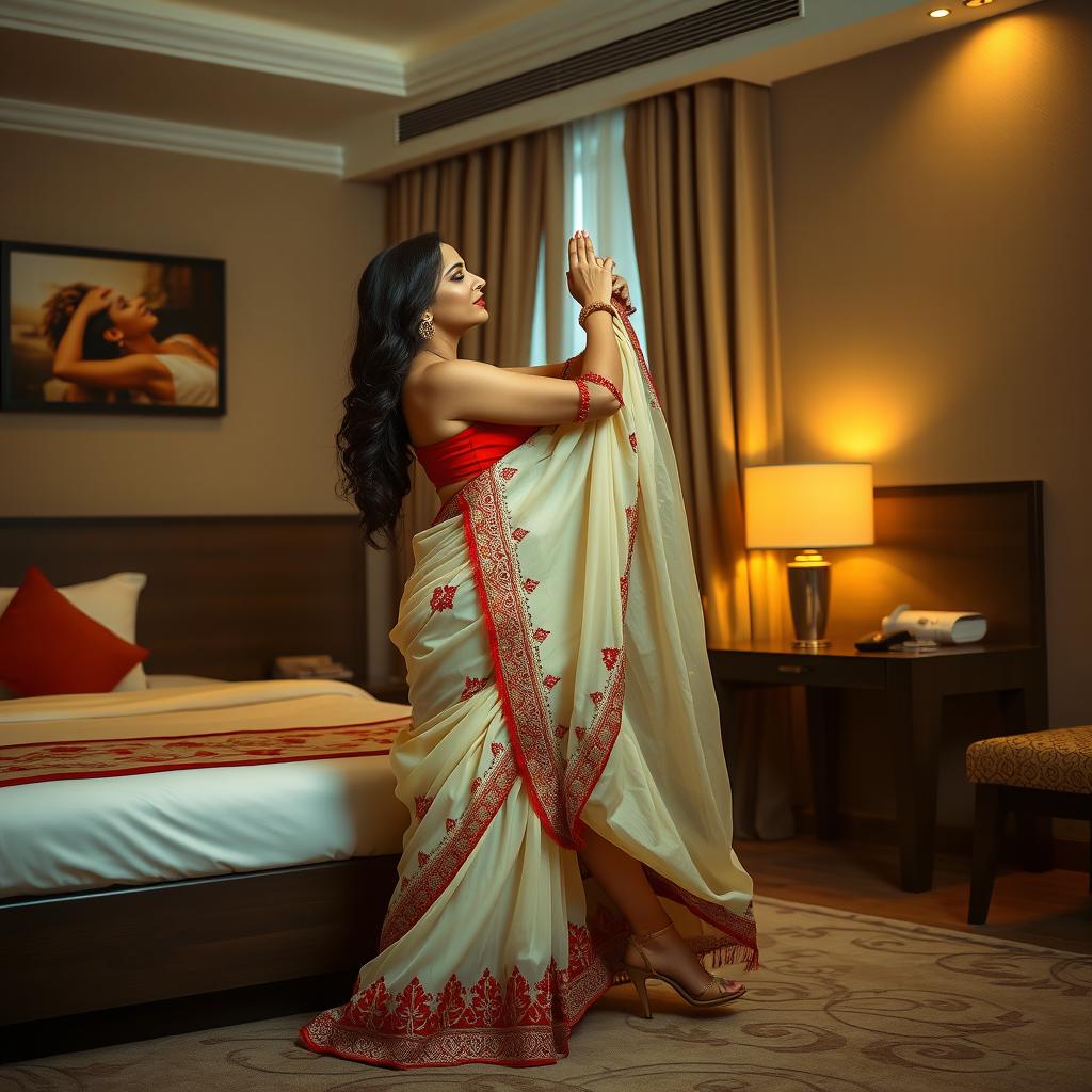 A tantalizing and intimate scene in a stylish Oyo hotel room, featuring an attractive woman with a voluptuous figure clad in a cream and red mekhela chadar along with a matching red blouse and elegant high heels