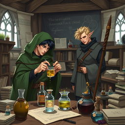 A young adult human mage with black hair wearing a green hooded cloak meticulously crafting potions in a medieval alchemy room