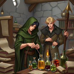 A young adult human mage with black hair wearing a green hooded cloak meticulously crafting potions in a medieval alchemy room