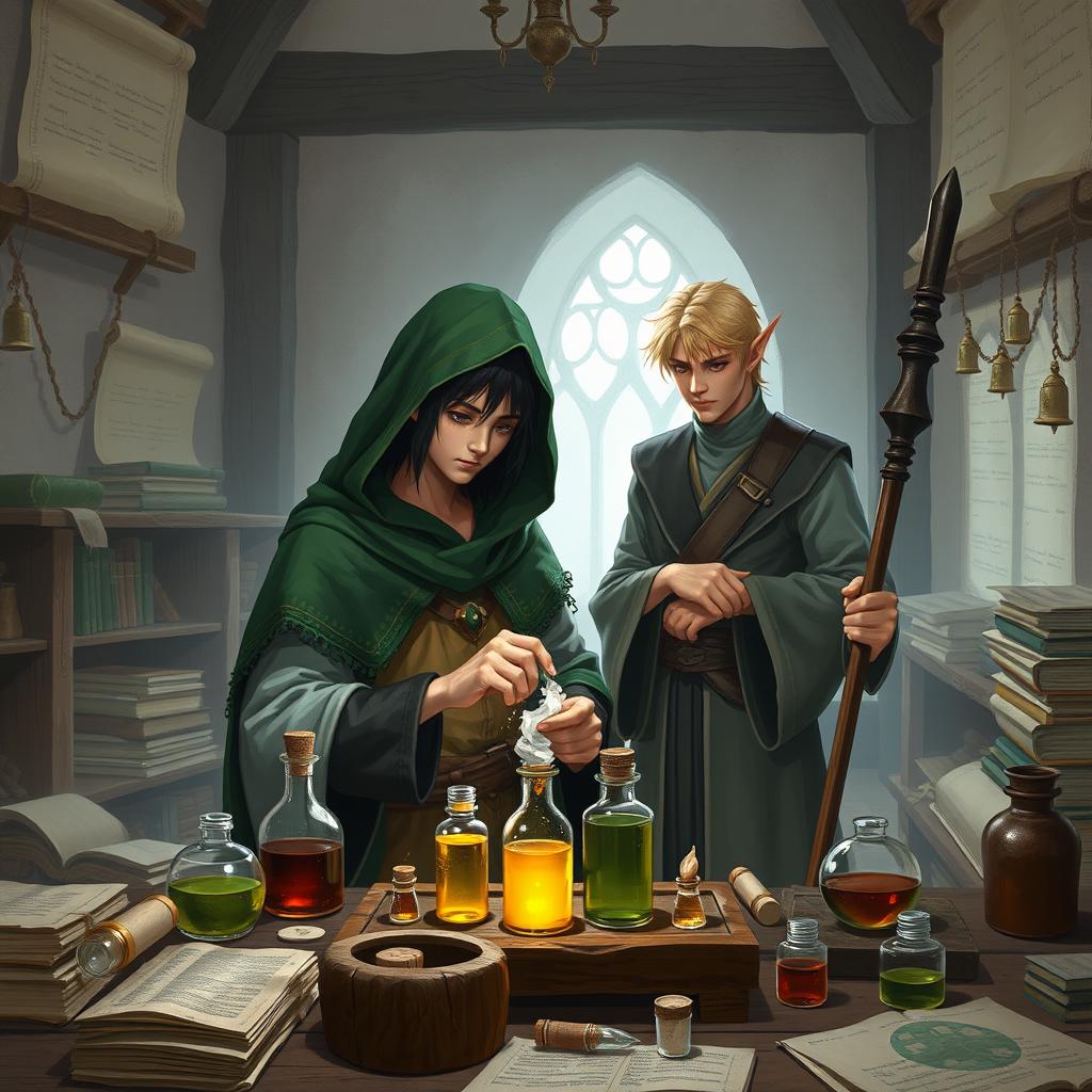 A young adult human mage with black hair wearing a green hooded cloak meticulously crafting potions in a medieval alchemy room