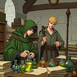 A young adult human mage with black hair wearing a green hooded cloak meticulously crafting potions in a medieval alchemy room