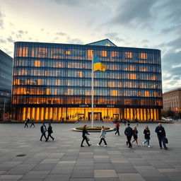 An office building with a facade shaped in the style of a map of Ukraine