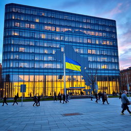 An office building with a facade shaped in the style of a map of Ukraine