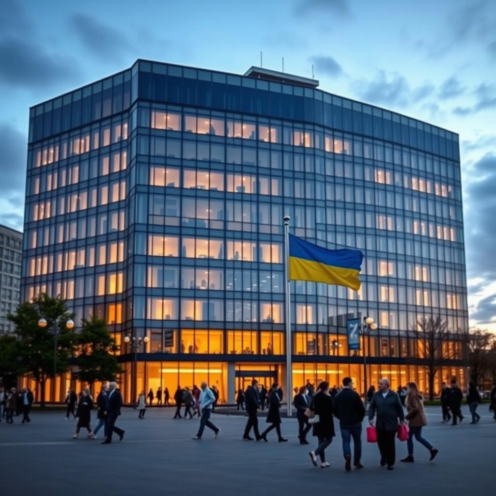 An office building with a facade shaped in the style of a map of Ukraine