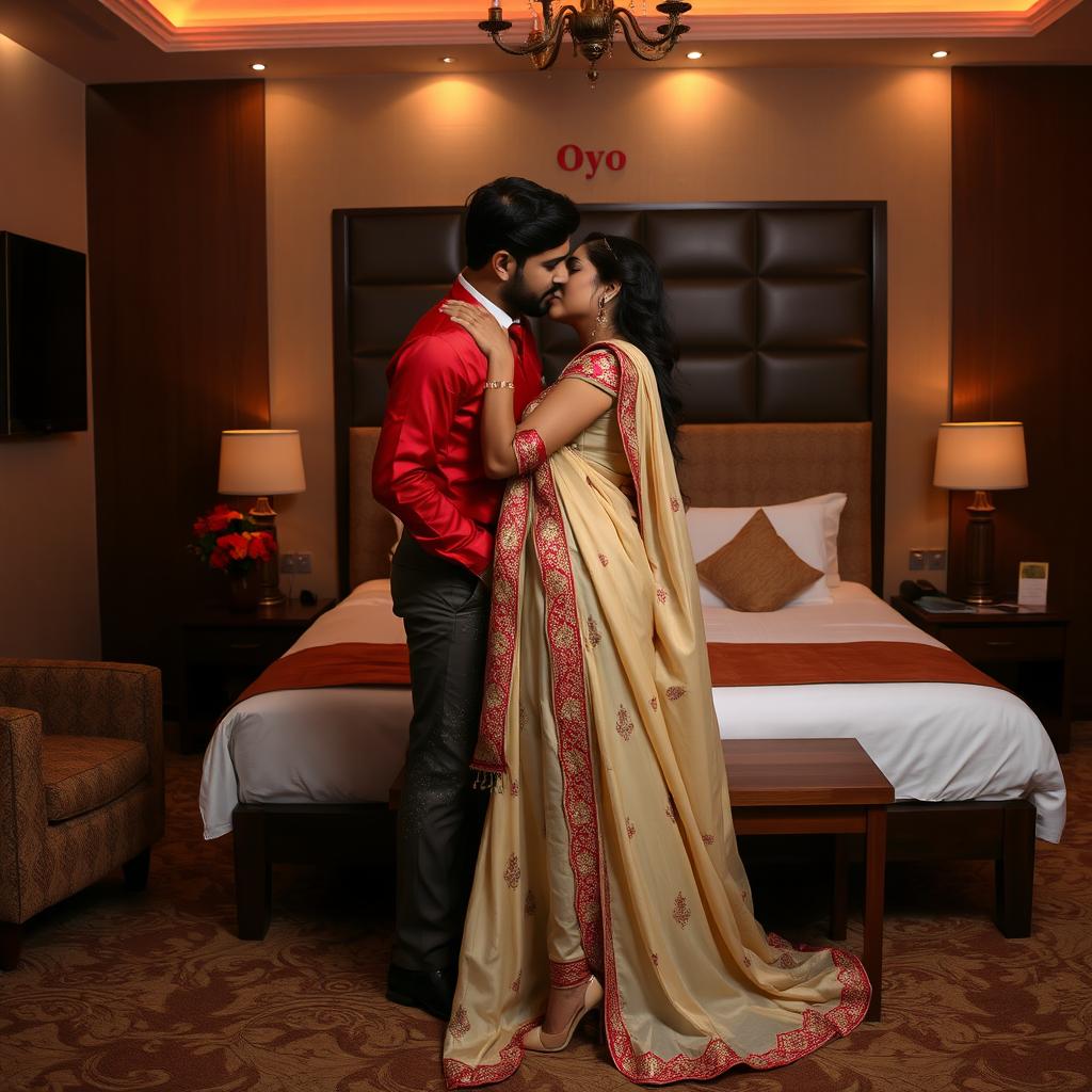 A passionate and seductive setting in a well-decorated Oyo hotel room, featuring an enchanting woman adorned in a cream and red mekhela chadar, accented by a chic red blouse and elegant high heels