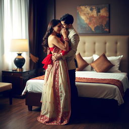 A passionate and seductive setting in a well-decorated Oyo hotel room, featuring an enchanting woman adorned in a cream and red mekhela chadar, accented by a chic red blouse and elegant high heels