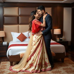 A passionate and seductive setting in a well-decorated Oyo hotel room, featuring an enchanting woman adorned in a cream and red mekhela chadar, accented by a chic red blouse and elegant high heels