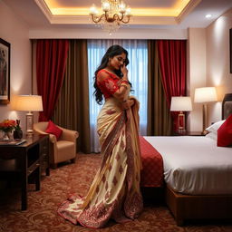 A passionate and seductive setting in a well-decorated Oyo hotel room, featuring an enchanting woman adorned in a cream and red mekhela chadar, accented by a chic red blouse and elegant high heels