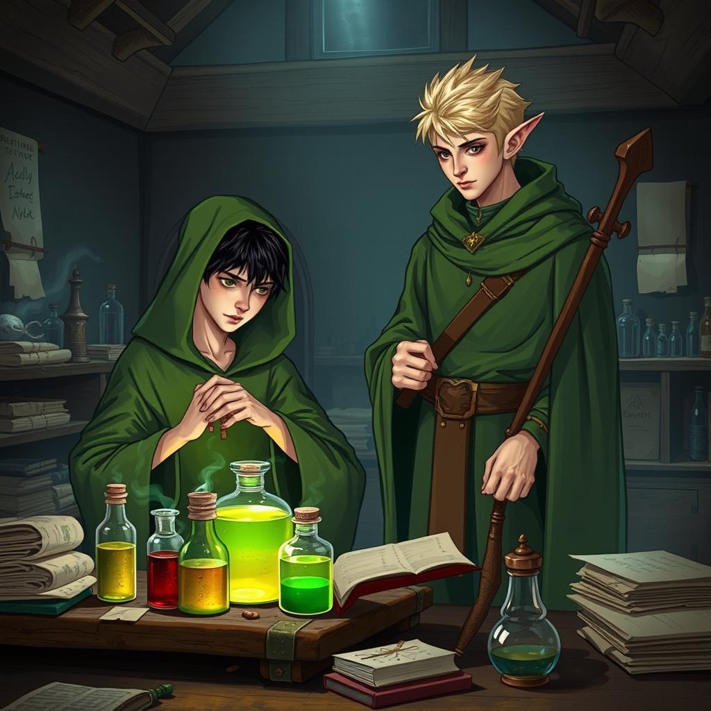 A young adult human mage with black hair wearing a green hooded cloak, engrossed in making potions in a medieval alchemy room