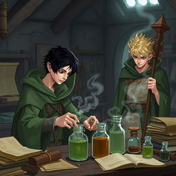 A young adult human mage with black hair wearing a green hooded cloak, engrossed in making potions in a medieval alchemy room