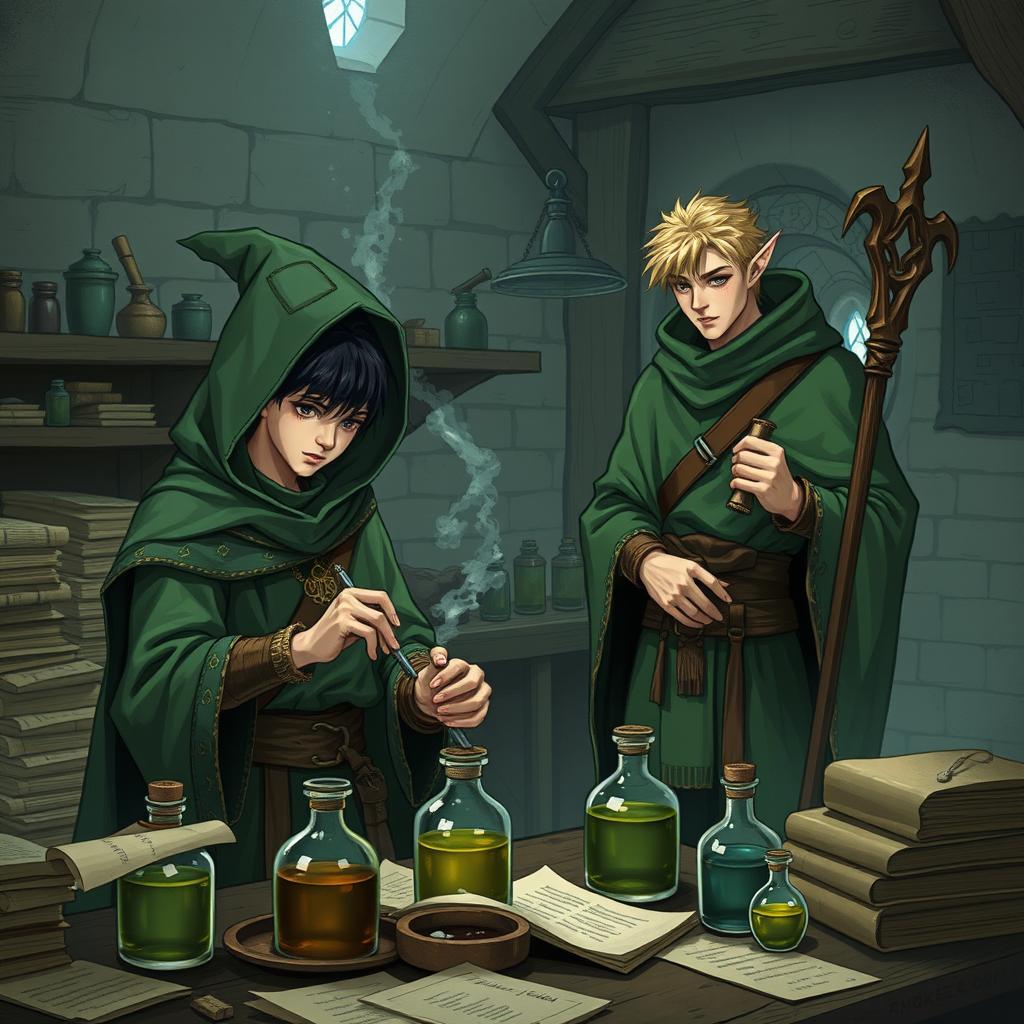 A young adult human mage with black hair wearing a green hooded cloak, engrossed in making potions in a medieval alchemy room