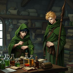 A young adult human mage with black hair wearing a green hooded cloak, engrossed in making potions in a medieval alchemy room